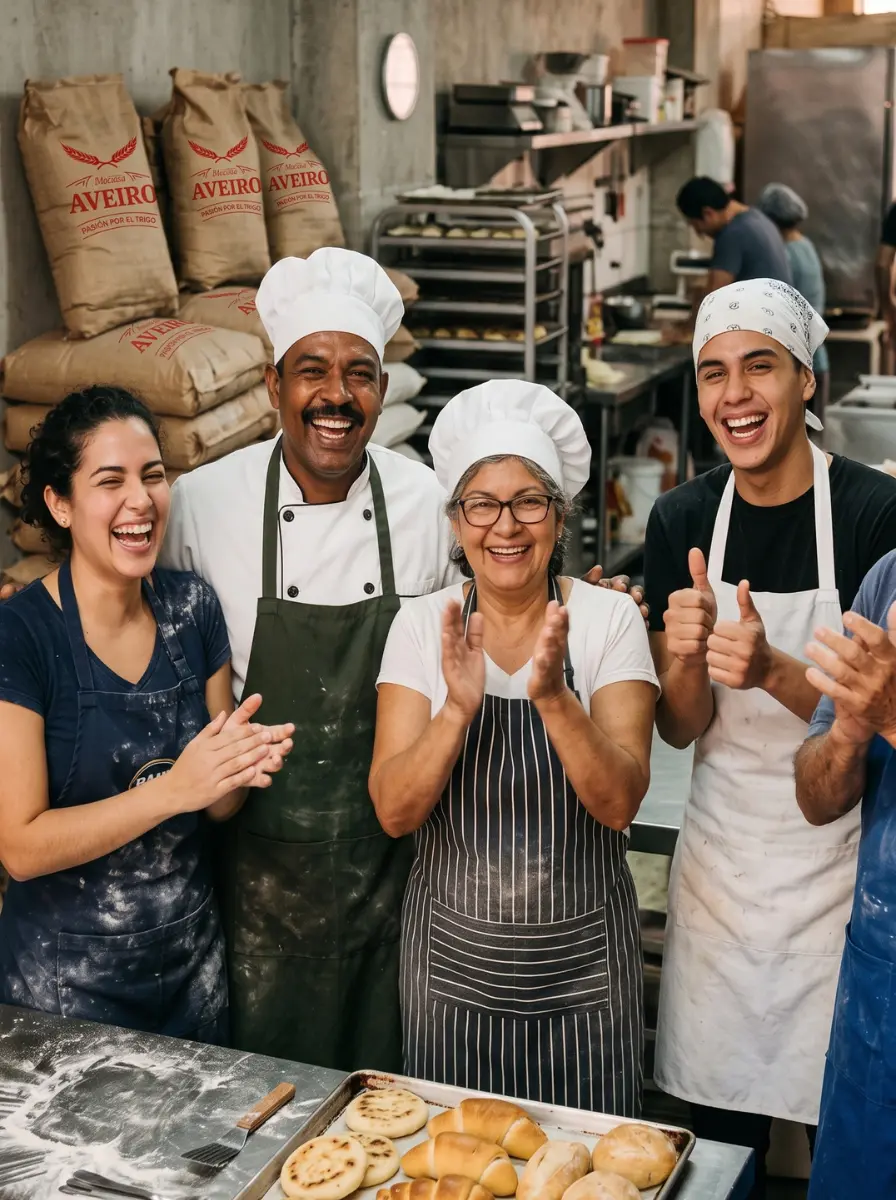Equipo de panaderos y reposteros sonriendo durante una jornada del Tour Aveiro