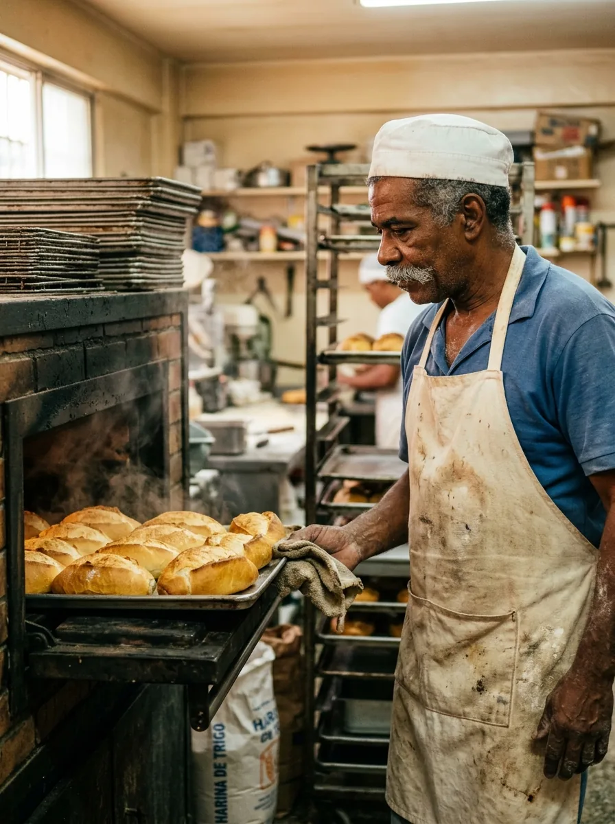Maestro panadero venezolano sacando pan recién horneado del horno