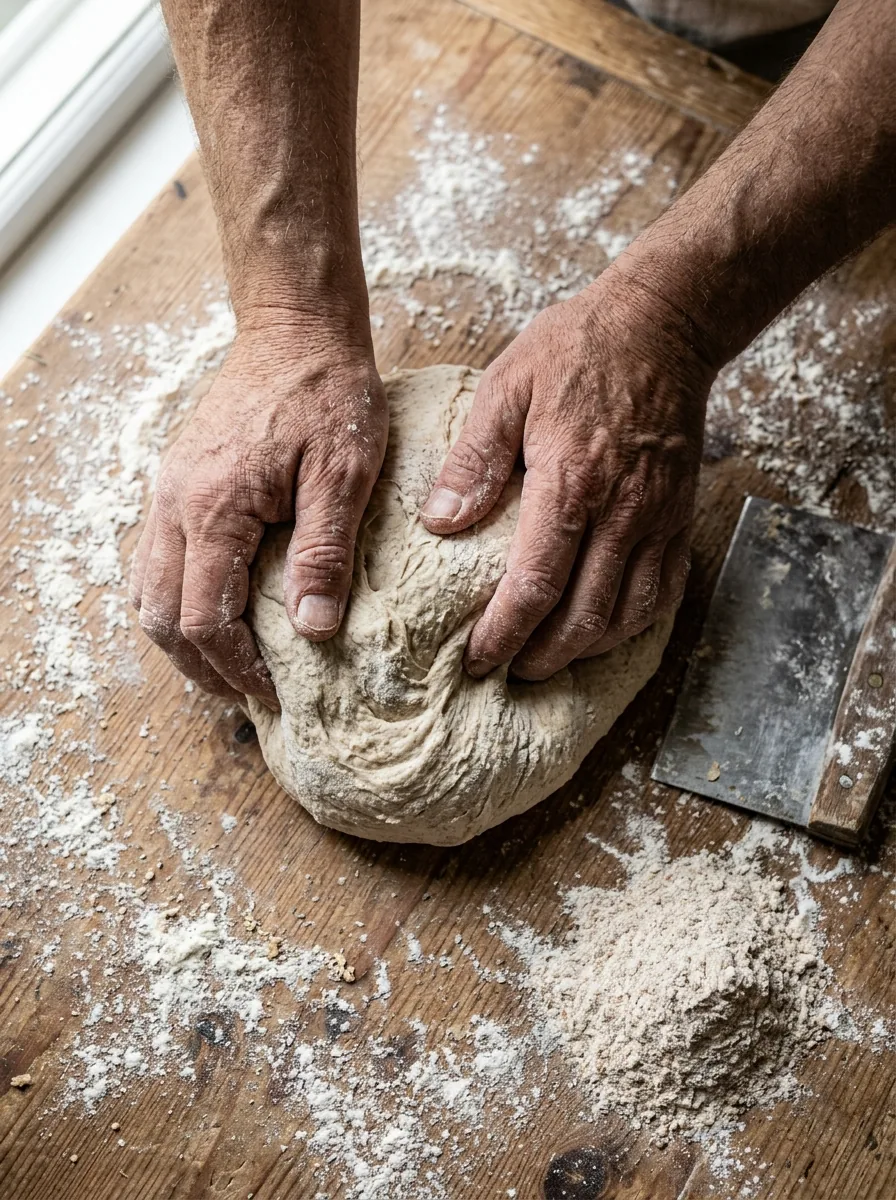 Manos amasando sobre una mesa enharinada en un taller de panadería
